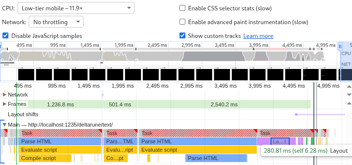 Another profiler screenshot. "Layout" is small. "Evaluate script" and "Parse HTML" are the new bottlenecks.